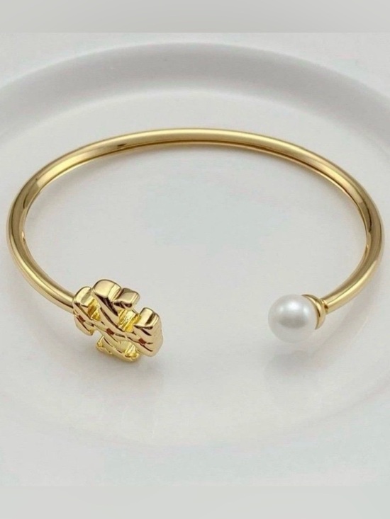 Tory Burch Jewelry - Tory Burch Gold Open Cuff Bracelet with White Pearl and Gold Logo